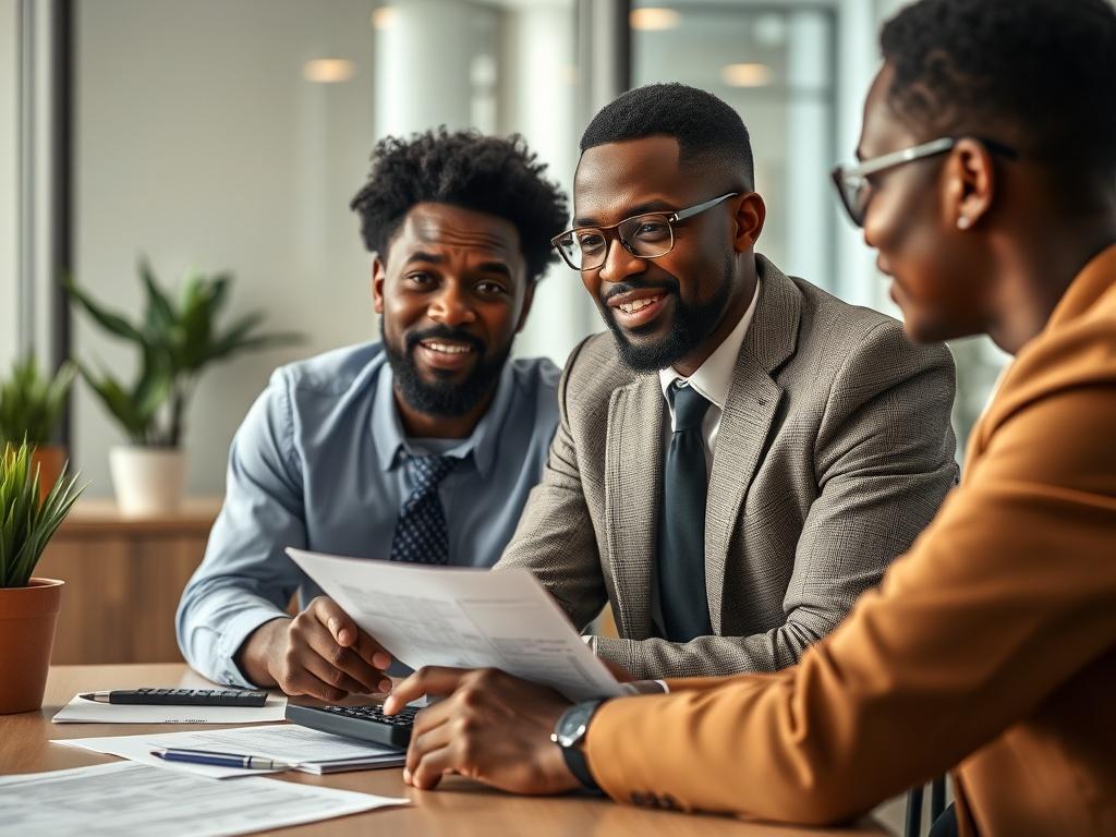 A close-up shot of a Black tax professional discussing tax strategies with a client in a modern office environment, with financial documents and a calculator visible. The background should be bright and professional, reflecting a positive atmosphere.