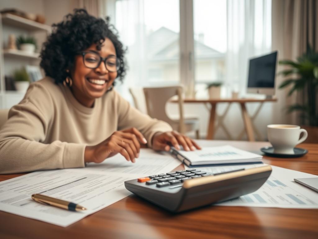 A close up shot of a joyful individual calculating taxes