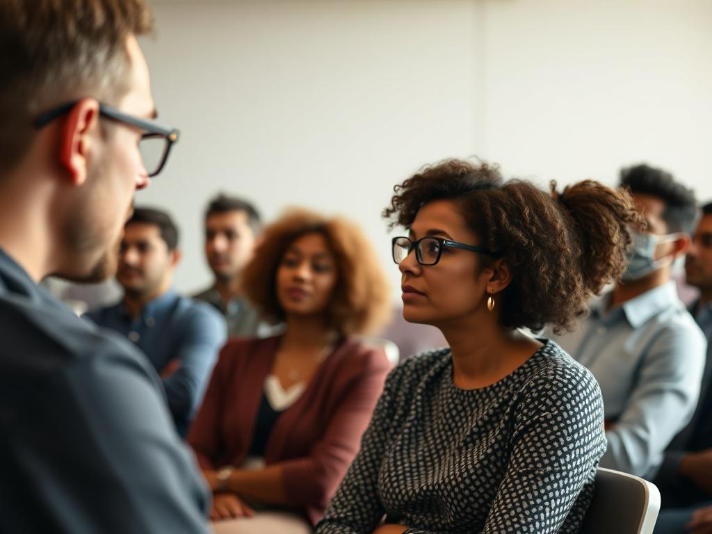 A close-up shot of a diverse group of people engaging in a workshop setting, with a focus on a speaker at the front. The background should be subtle and professional, emphasizing a classroom-like atmosphere. The lighting should be warm and inviting, highlighting the engagement and interaction among participants, shot with a 45mm f/1.2 lens.