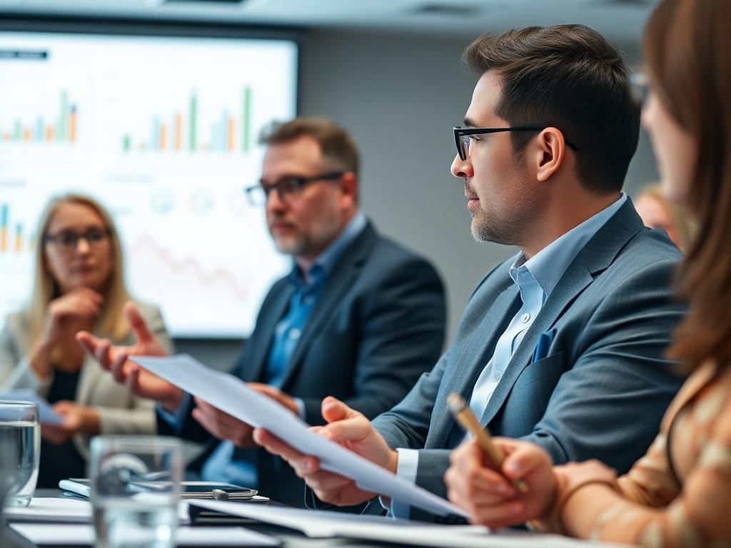 A close-up shot of a financial expert presenting at a seminar, with attendees engaged and taking notes. The atmosphere should be professional and focused, with a backdrop of charts and financial documents. The lighting should be bright and clear to highlight the interaction, shot with a 45mm f/1.2 lens.
