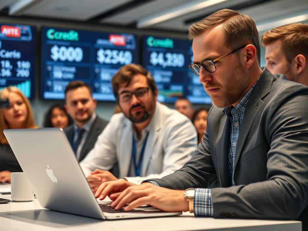 A close-up shot of a tech expert demonstrating an AI-powered tool on a laptop, with an audience watching intently. The background should include digital screens displaying credit information. The setting should be modern and tech-savvy, with bright lighting to emphasize the innovation, shot with a 45mm f/1.2 lens.