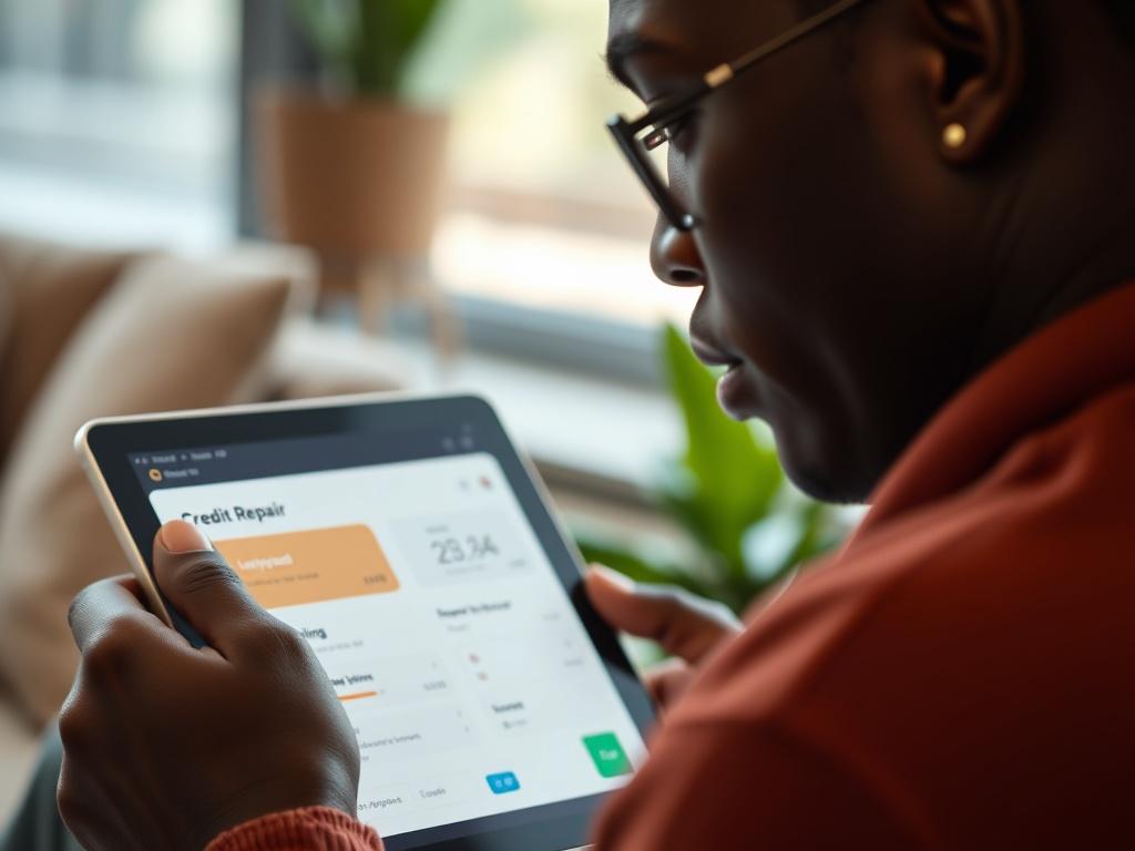 A close-up shot of a Black individual using a tablet to navigate an AI-powered credit repair tool, featuring a bright and engaging interface.