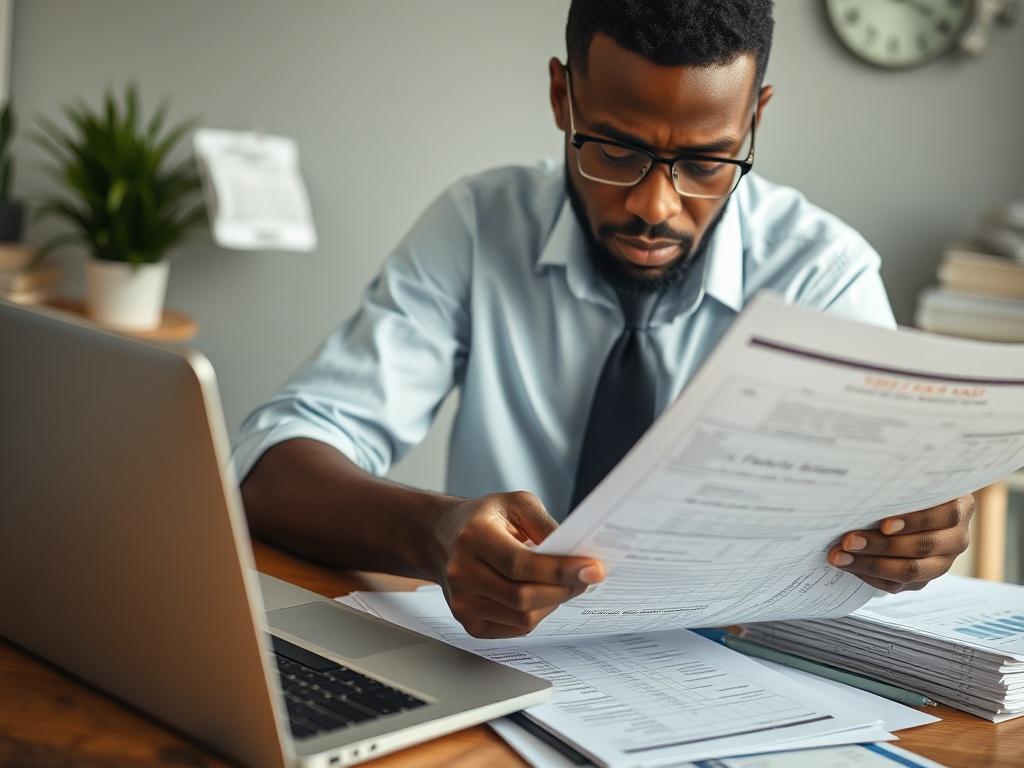 A close-up shot of a focused Black business owner analyzing tax documents, surrounded by a laptop and financial reports, conveying a sense of strategic planning.