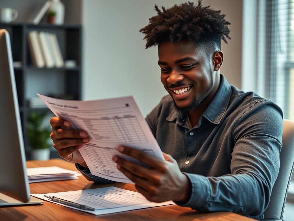 A close-up shot of a confident Black individual reviewing their credit report with a relieved expression, sitting at a modern desk with financial documents, showcasing a well-organized workspace.