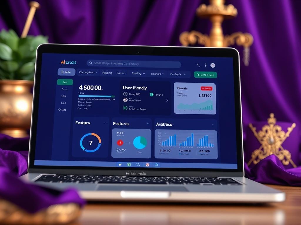 An engaging close-up of the AI Credit Repair Tool interface displayed on a modern laptop screen. The screen showcases user-friendly features and analytics. The background is subtly blurred, featuring royal purple and gold elements to match the brand's theme.