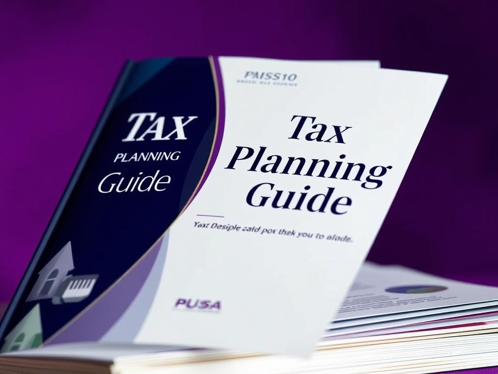 A close-up shot of the Tax Planning Guide, highlighting its polished cover with appealing graphics. The guide is partially open, revealing pages filled with useful tax information. The background is elegantly blurred in royal purple tones, enhancing the guide's visibility.