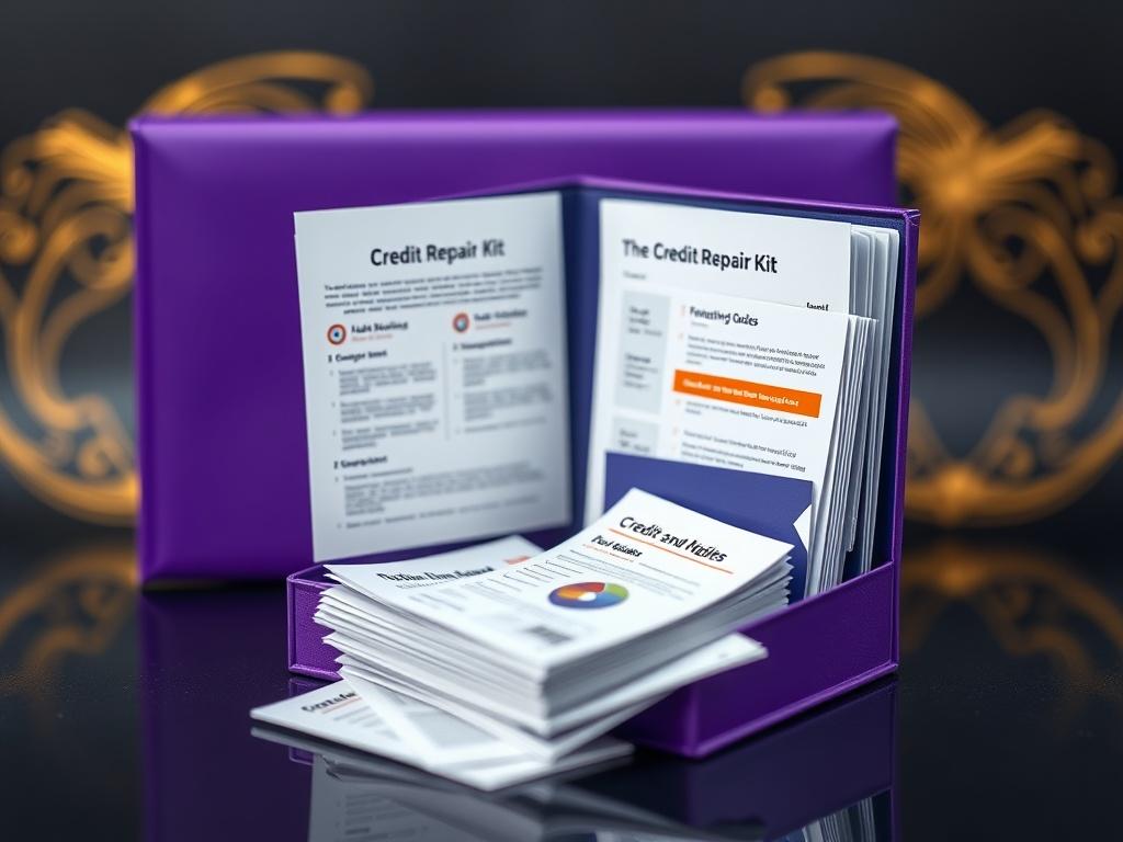 A detailed shot of the Credit Repair Kit, featuring a sleek design with vibrant colors. The kit is open, showcasing various guides and templates inside. The background is softly blurred to emphasize the kit while using a royal purple outline with a gold background and black theme.