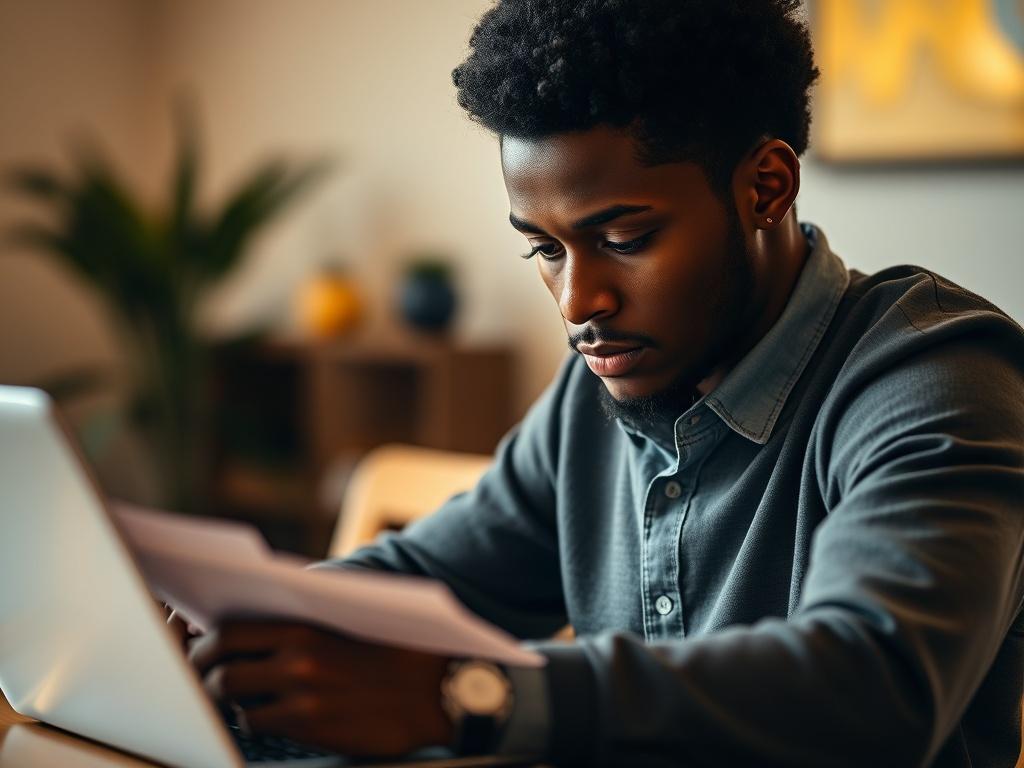A close-up shot of a Black individual reviewing their credit report with a laptop open, looking determined and focused. The background is softly blurred to emphasize the individual, with warm gold tones in the lighting, reflecting a sense of confidence and professionalism.