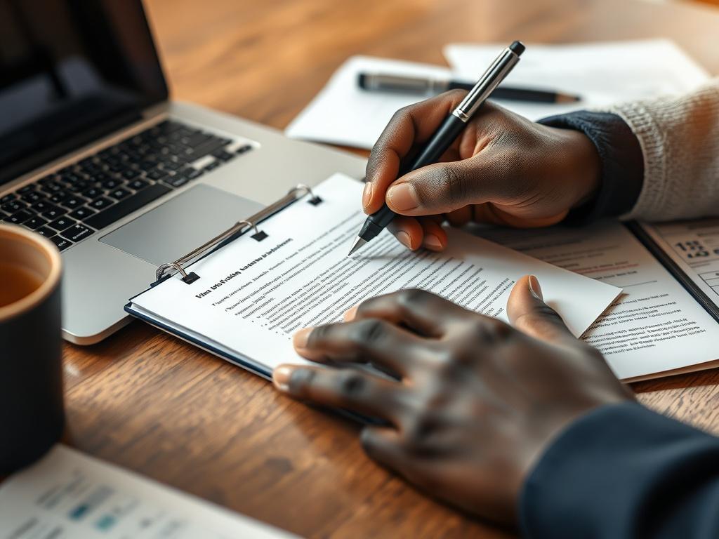 A close-up shot of a Black hand writing a dispute letter on a notepad, with a pen in hand, surrounded by a laptop and documents. The atmosphere is professional yet approachable, with a soft gold hue in the background.
