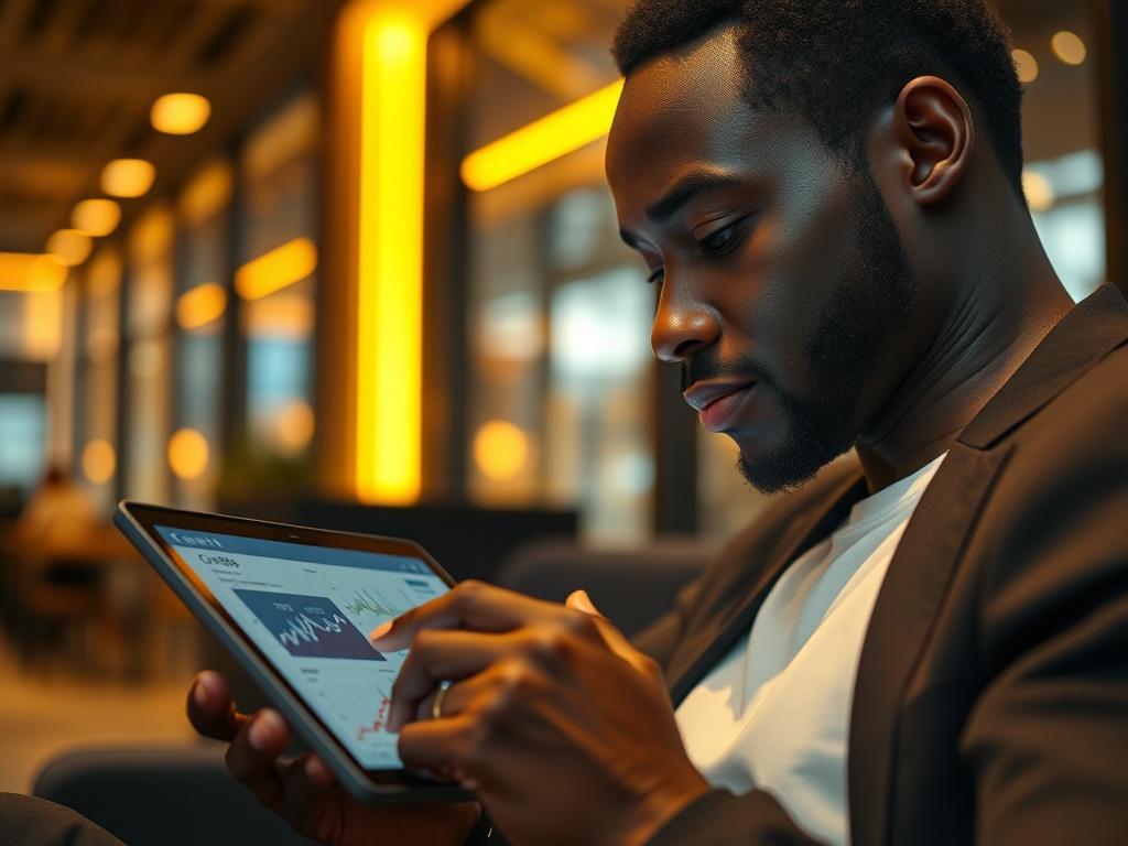 A close-up shot of a Black individual using an AI-powered credit repair tool on a tablet, with graphs and data displayed on the screen. The ambiance is modern and sleek, highlighted by warm gold lighting.