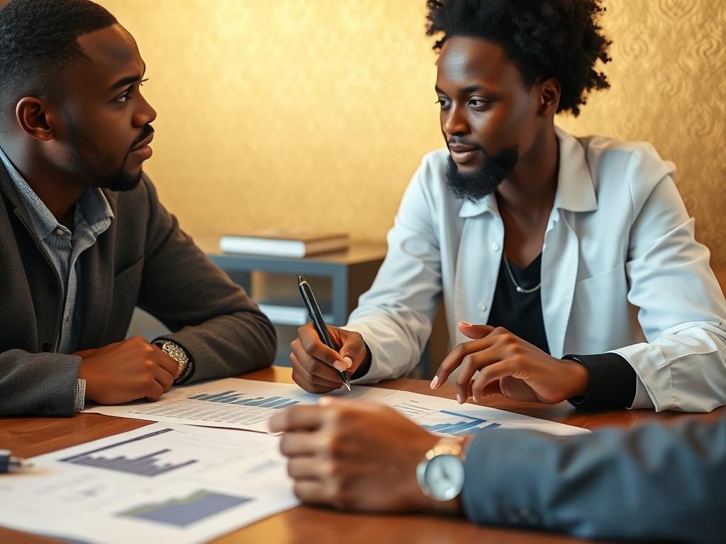 A close-up shot of a Black individual discussing tax planning with a financial advisor, with charts and documents spread out on the table. The setting is warm and inviting, with a gold background creating a sense of trust.