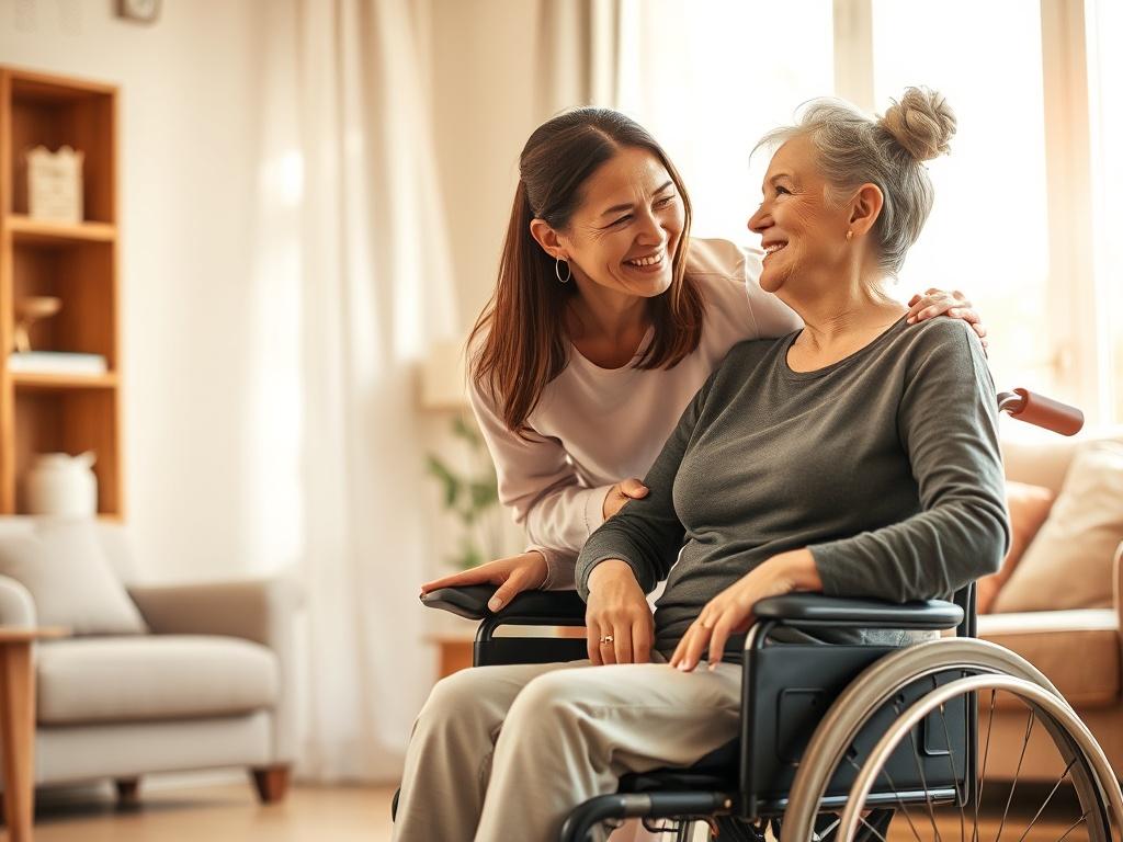 A caregiver assisting a young woman in a wheelchair at