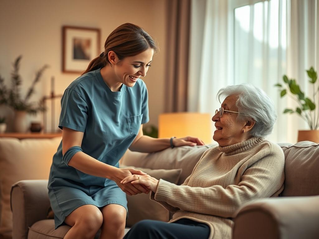 A serene caregiver assisting an elderly woman in a cozy,