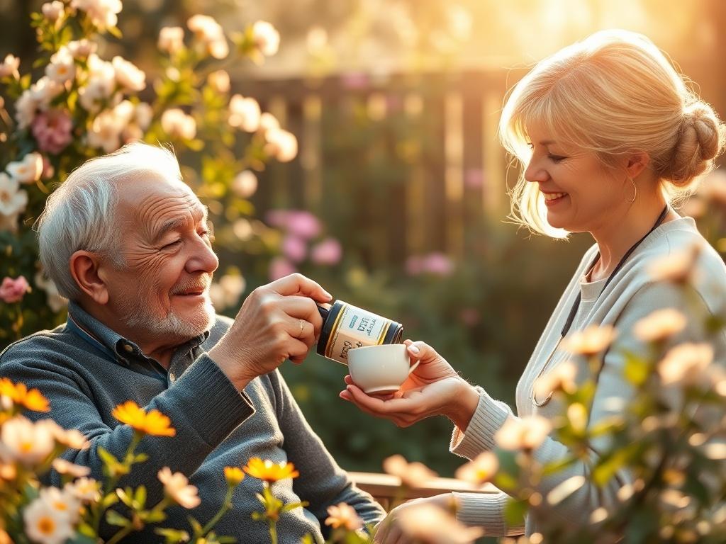 An elderly man enjoying tea with a caregiver in a