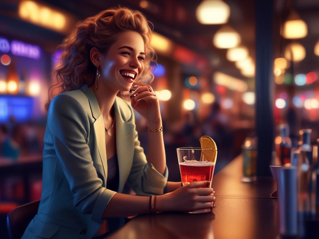 An attractive female companion dressed in a stylish outfit, laughing