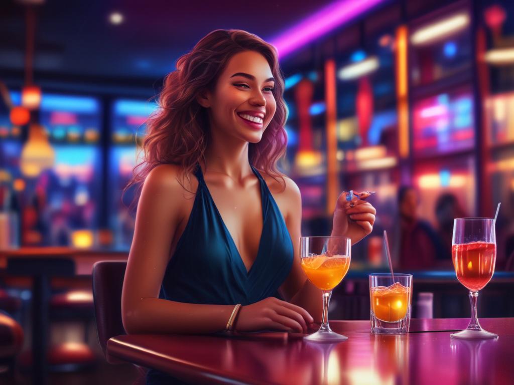 A vibrant nightlife scene featuring a glamorous young woman in