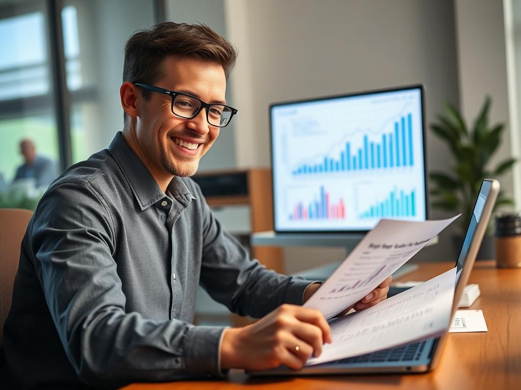 A close up shot of a person smiling while reviewing