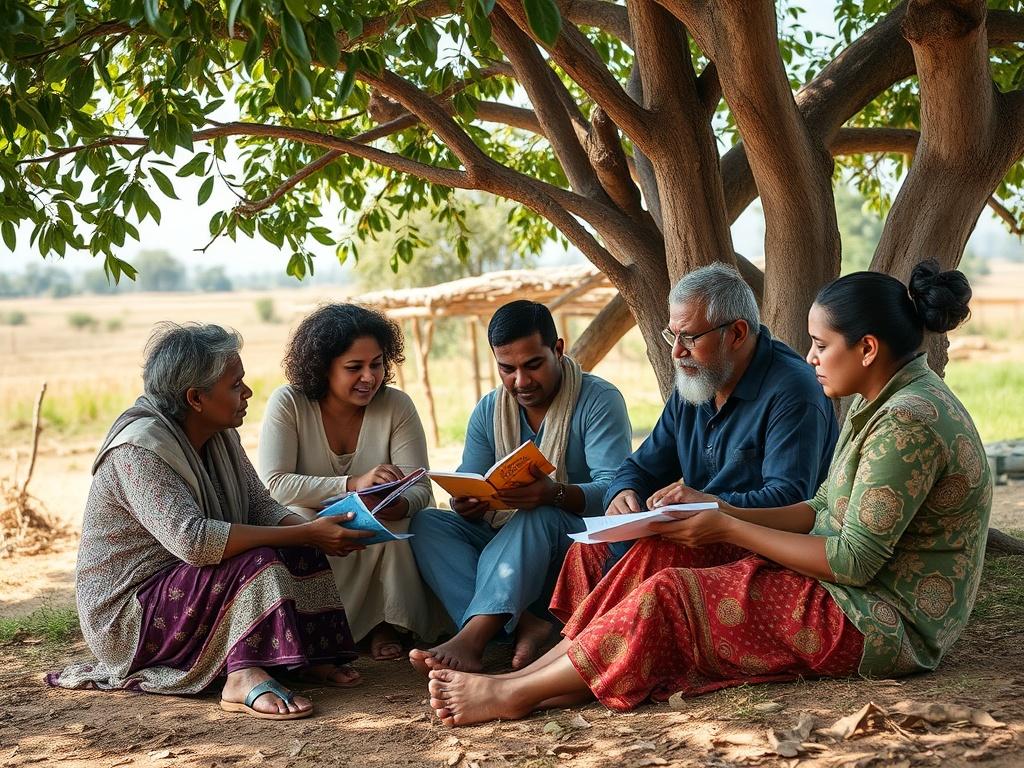 A realistic high-resolution photo of a group of diverse adults engaged in a collaborative learning environment in a rural setting. The scene should depict them sitting together outdoors under a tree, sharing ideas and studying materials, with natural earthy tones and textures surrounding them. The background should include a hint of rural landscape, showcasing a peaceful atmosphere that reflects the essence of community learning and empowerment.