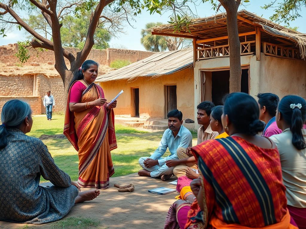 A serene rural Indian educational gathering scene, showcasing a diverse group of adults engaged in learning. The setting features a rustic outdoor classroom with natural elements like trees and grass. The instructor, a middle-aged Indian woman, stands at the front, passionately explaining concepts to the participants, who are seated on mats. Each participant displays eagerness and curiosity, reflecting a vibrant learning atmosphere. The background captures the essence of rural India with traditional archite