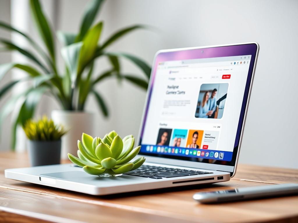 A close-up shot of a laptop displaying an online course interface, with a clean and modern design. The laptop sits on a wooden desk with a green succulent plant beside it. The background is softly blurred, emphasizing the laptop and the course content on the screen. The color theme is vibrant and matches the primary color rgb(50, 170, 39).