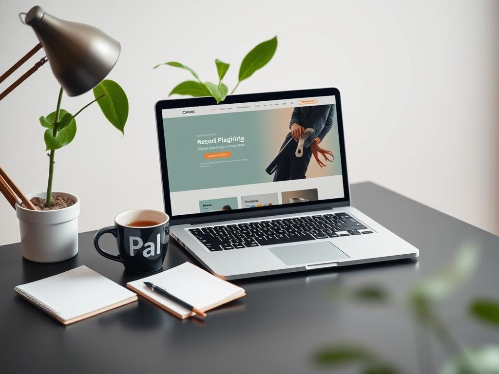 A close-up shot of a professional-looking workspace featuring a laptop with a website design open on the screen, surrounded by a notepad, a cup of coffee, and a potted plant. The image should be well-lit, focusing on the vibrant green color of the plant that matches the primary color of rgb(50, 170, 39). The background should be simple, emphasizing the workspace's organization and creativity.