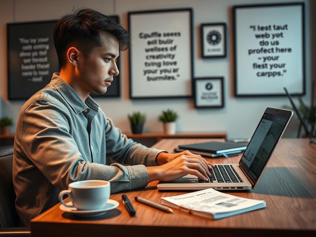 Create a realistic high-resolution photo that captures the essence of a blog titled "Step-by-Step Guide to Website Creation." The composition should be simple and clear, featuring a single subject: a focused and engaged individual working on a laptop, reflecting a professional environment. 

The subject should be a young adult with an expression of concentration, sitting at a modern wooden desk, typing on the laptop with a warm light illuminating the workspace. Surround the individual with essential web dev