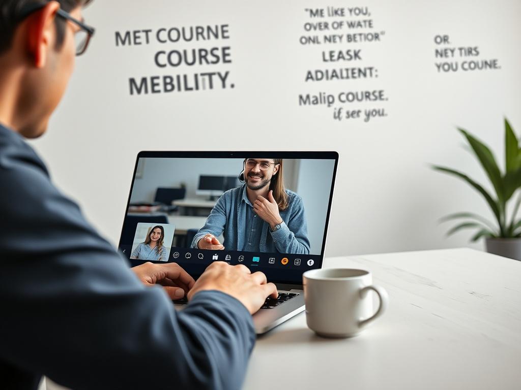 A close-up shot of a person engaged in a video call on a laptop, discussing an online course with a mentor. The setting is well-lit, with motivational quotes on the wall. A cup of coffee is on the desk, and the overall color scheme incorporates the primary color rgb(50, 170, 39).