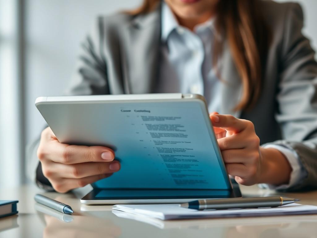 A close-up shot of a professional reviewing course materials on a tablet, with notes and a pen beside them. The background is elegantly simple, allowing the focus to remain on the tablet and the vibrant colors that resonate with rgb(50, 170, 39).