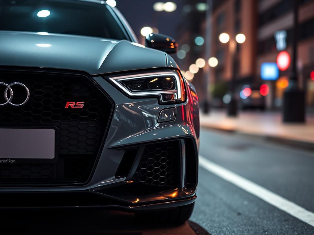 A hyper-realistic close-up shot of an Audi RS3, showcasing its sleek design and powerful stance. The car is parked in an urban setting, with blurred city lights in the background to emphasize its sporty elegance. The focus is on the front grille and headlights, highlighting the intricate details and craftsmanship of the vehicle. The image should be vibrant and striking, compatible with the rgb(226, 1, 1) primary color, emphasizing the car's allure and performance.