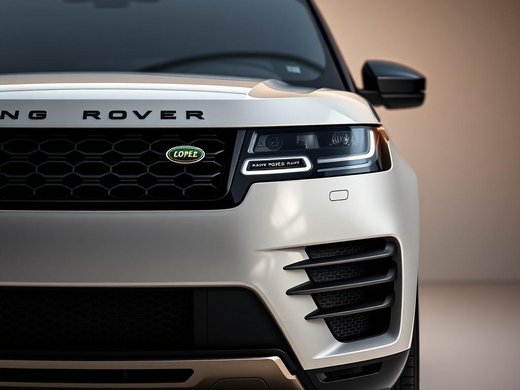 A stunning close-up shot of a sleek Range Rover, highlighting its luxurious design and features. The car should be positioned against a simple, elegant background that enhances the vehicle's aesthetics. The focus should be on the car's front grille and headlights, showcasing the craftsmanship and attention to detail. The image should be high-resolution, rendered in hyper-realistic style, compatible with the rgb(226, 1, 1) primary color.