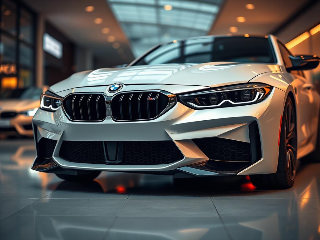 A hyper-realistic close-up shot of a 2021 BMW M4 Coupe, focusing on its aggressive front end and sleek contours. The shot should be captured with a 45mm f/1.2 lens, set against a blurred backdrop of a luxury car dealership, emphasizing the car's elegance and strength. Colors should align with rgb(226, 1, 1).