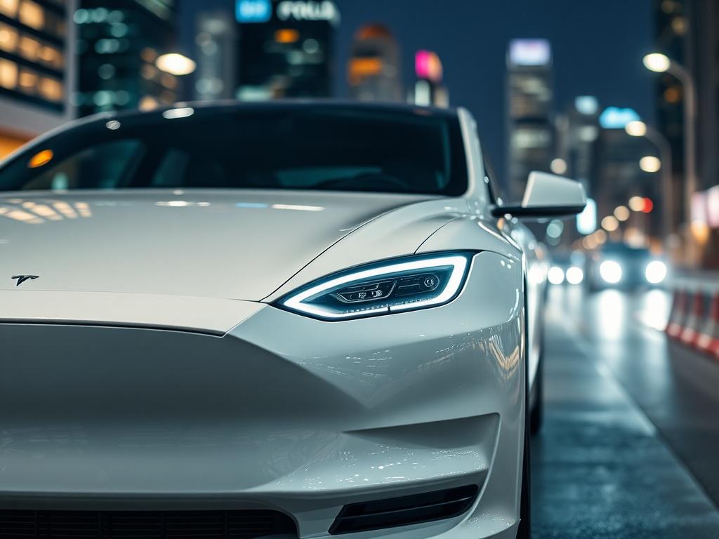 A hyper-realistic close-up shot of a 2023 Tesla Model S, showcasing its sleek design and modern features. The shot should be taken with a 45mm f/1.2 lens, focusing on the front grille and headlights. The background should be a blurred cityscape, emphasizing the car as the center of attention, with vibrant colors matching rgb(226, 1, 1).