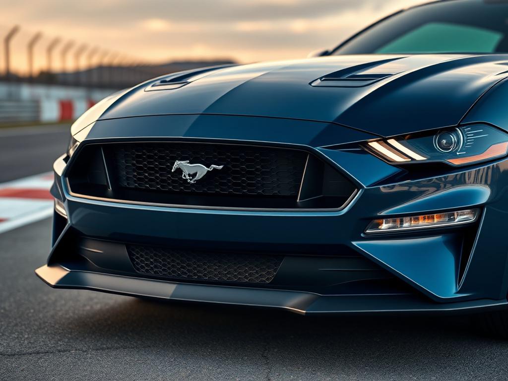 A hyper-realistic close-up shot of a 2022 Ford Mustang GT, capturing its powerful front profile and distinctive grille. The image should be taken with a 45mm f/1.2 lens, with a blurred background of a racetrack, highlighting the car's performance capabilities. The colors should reflect the rgb(226, 1, 1) theme.