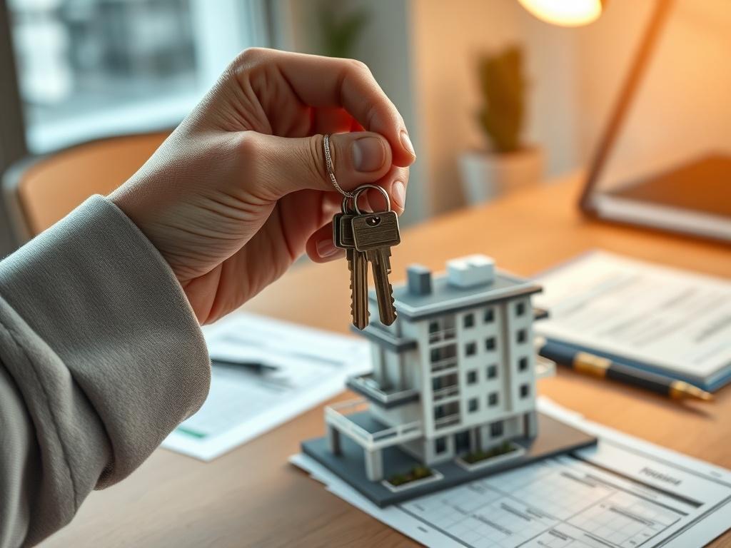 Create a highly detailed, realistic high-resolution photo illustrating the concept of bridge financing in real estate. The composition should feature a single, focused subject: a close-up of a hand holding a set of keys over a miniature model of a modern residential building, symbolizing new property ownership made possible by bridge financing. The background should be softly blurred but should suggest a professional office setting with financial documents scattered on the desk, hinting at investment strate