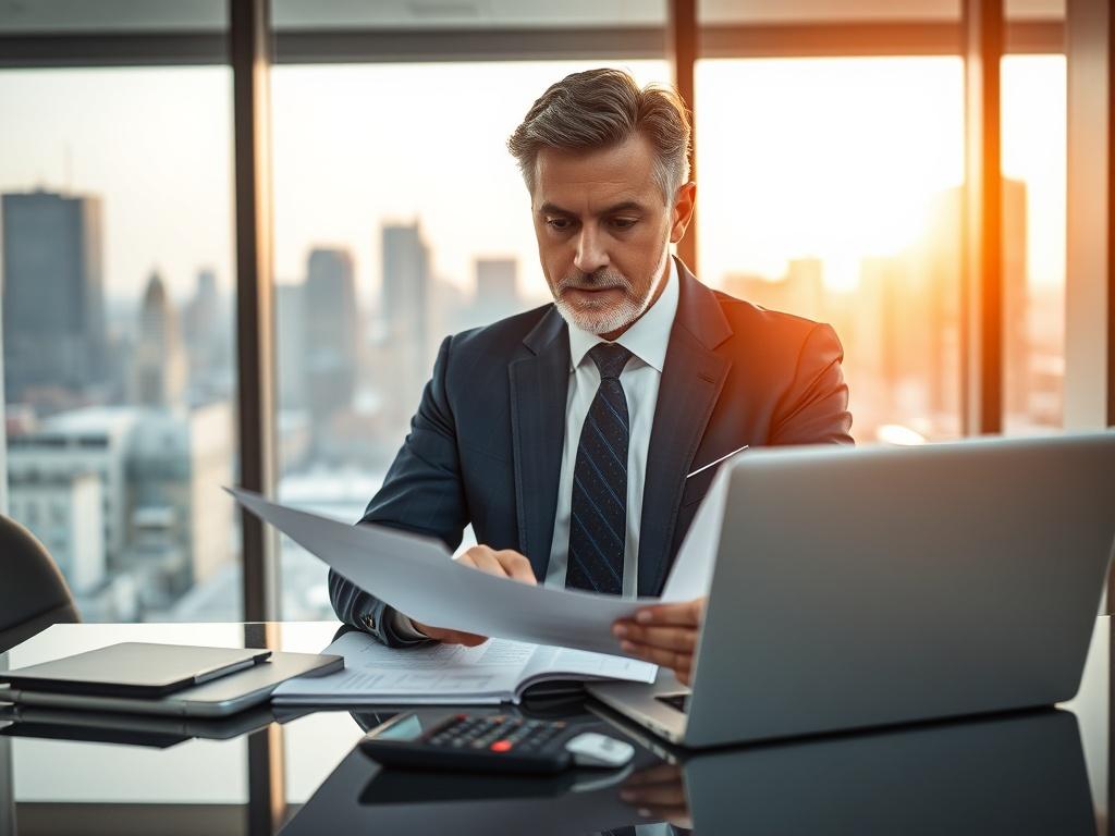 Create a realistic high-resolution photo featuring a single subject: a seasoned financial advisor sitting at a sleek, modern desk, deeply engaged in reviewing a commercial real estate financing report. The advisor, a middle-aged individual with a confident demeanor, wears professional attire, specifically a tailored navy blue suit with a crisp white shirt and a stylish tie. The background should showcase a sophisticated office environment, featuring a large window allowing natural light to pour in, illumina