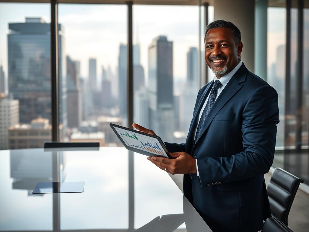 Create a realistic high-resolution image that captures the essence of navigating commercial real estate financing. The composition should be simple and clear, focusing on a single subject: a professional-looking person standing confidently at a modern conference table. This individual should be a middle-aged African American male wearing a tailored navy suit, exuding confidence and expertise. He is holding a tablet in one hand, displaying financial graphs and charts, while gesturing with the other hand to e