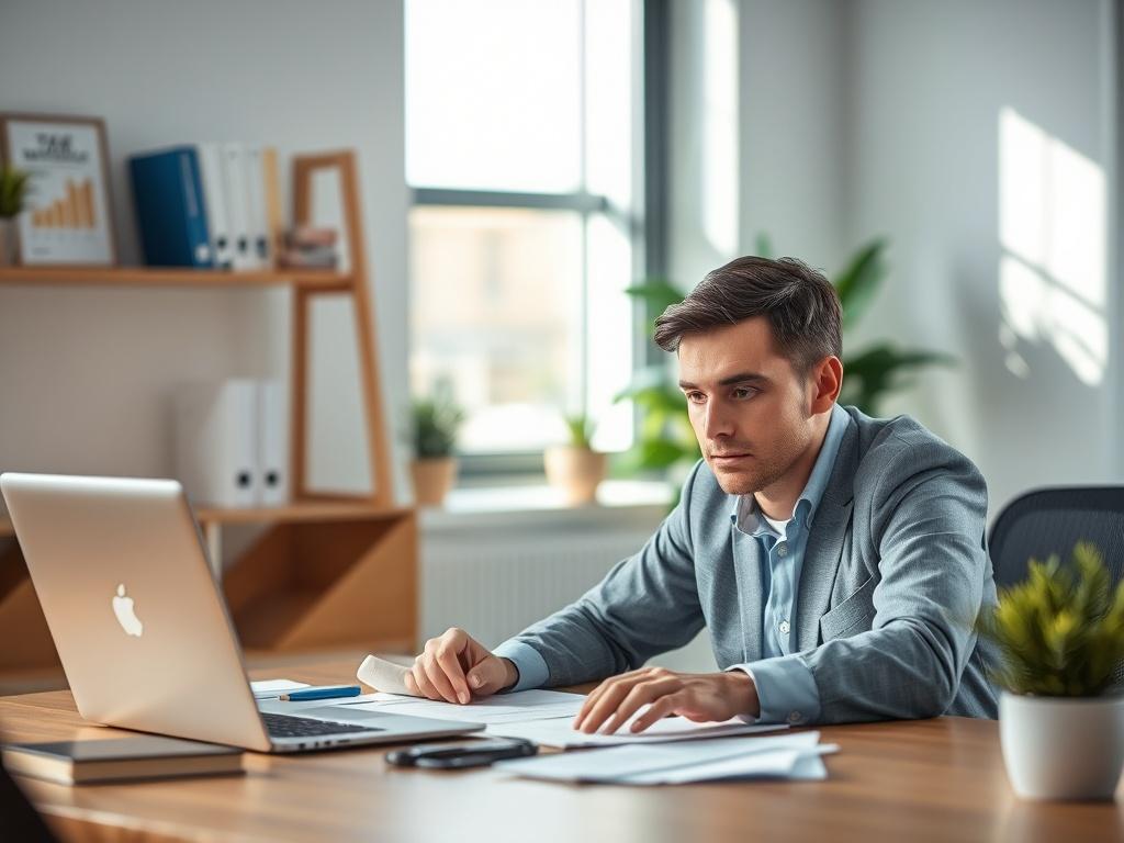 Create a realistic high-resolution photo that visually represents the concept of IRS audits, titled "The 3 Types of IRS Audits Every Taxpayer Should Understand." The composition should feature a single subject: a professional accountant engrossed in reviewing documents related to IRS audits. The accountant, of Caucasian descent, is seated at a modern, clean desk with a laptop open in front of them, showing financial data.

The background should be subtle and uncluttered, featuring soft-focus elements of an 