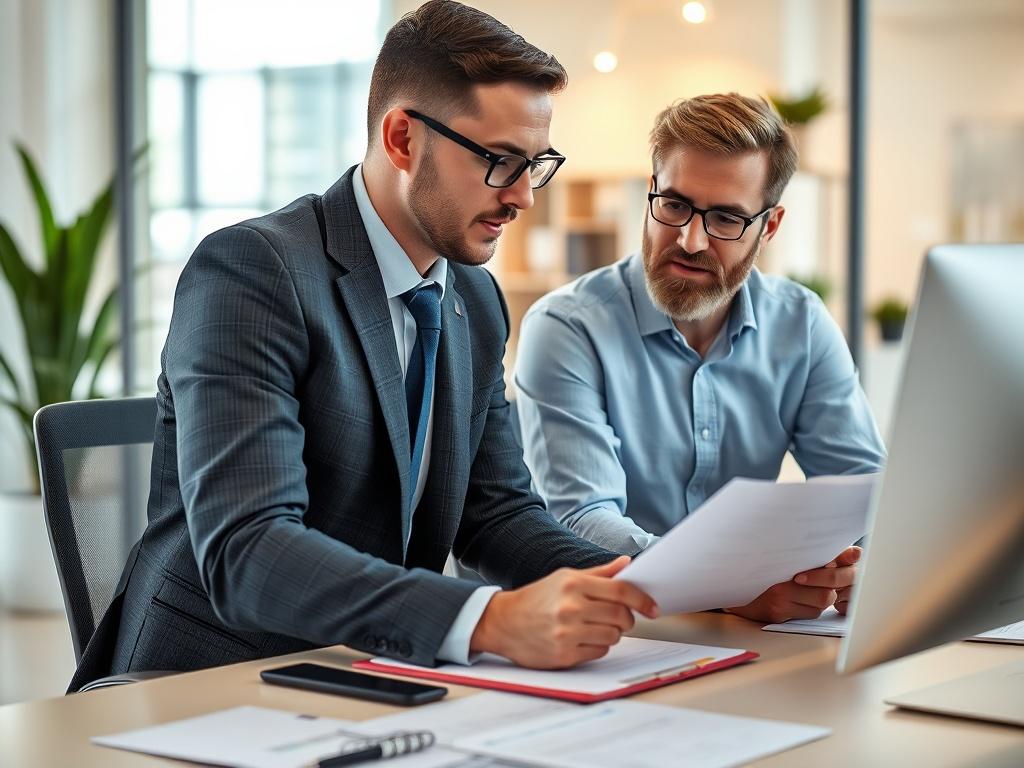 A close-up shot of a tax consultant discussing tax strategies with a small business owner at a modern desk, surrounded by tax documents and a computer. The background should reflect a bright and inviting office environment, showcasing professionalism and collaboration.
