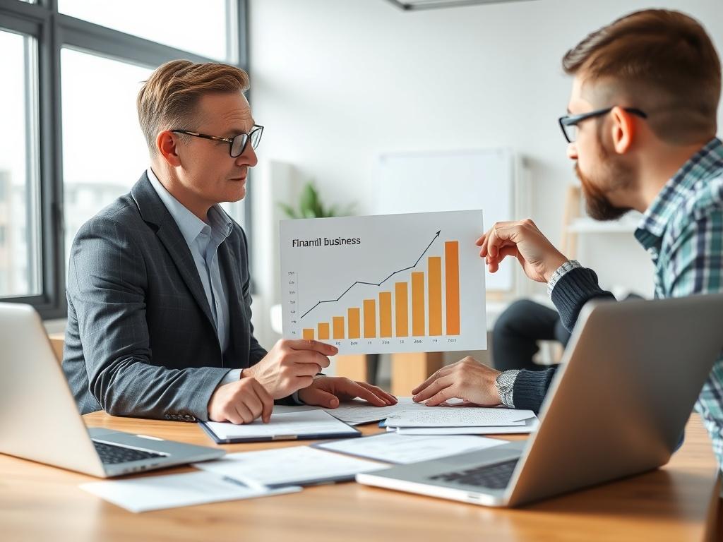 A close-up shot of a financial strategist presenting a growth chart to a small business owner in a bright office. The image captures an engaging discussion, with financial documents and a laptop on the table, emphasizing collaboration and strategic planning.