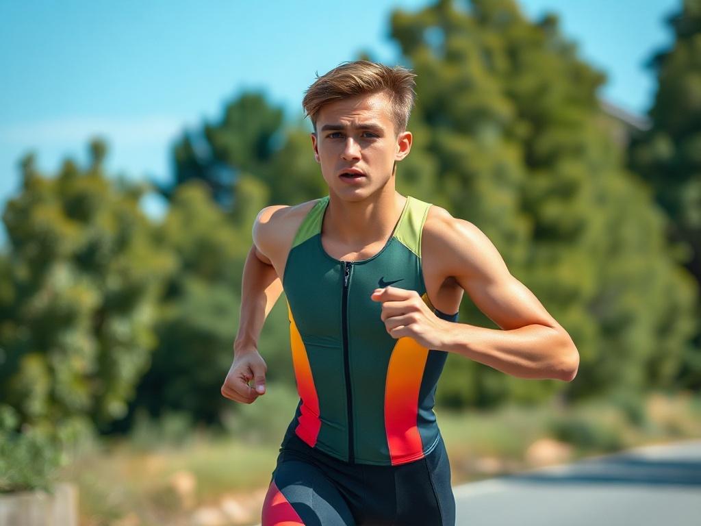 Create a realistic high-resolution photo featuring a close-up shot of a determined athlete in motion, representing the spirit of triathlon training. The subject should be a young adult, wearing a sleek, colorful triathlon suit, which highlights their fit physique and athleticism. Capture the athlete mid-stride as they run on a scenic outdoor trail, showcasing their energy and drive. The background should softly blur into a vibrant landscape of green trees and a clear blue sky, suggesting the freedom and excitement of outdoor training. Emphasize natural light to illuminate the athlete's focused expression and dynamic movement, while maintaining a simple and clear composition with the athlete as the sole subject. This image should resonate with the message: "Experience the thrill of triathlon training with us for free!" without including any text in the image. Aim for a visual that inspires individuals to embark on their triathlon journey with TriVH.