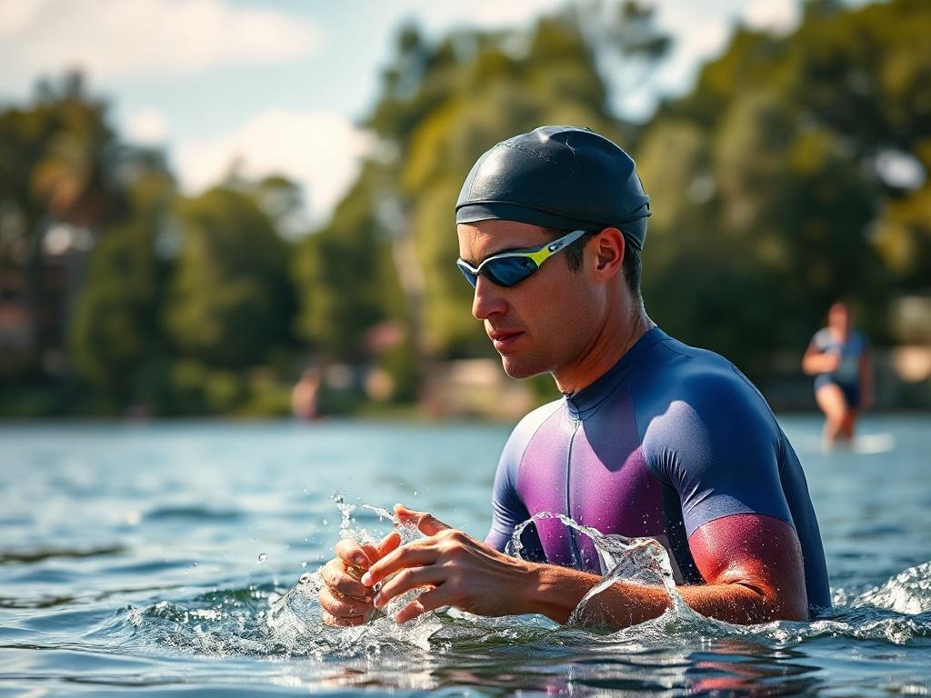 Create a realistic, high-resolution close-up photo featuring a passionate triathlete in action as they prepare for a triathlon. The subject should be a determined athlete, wearing a vivid, sleek triathlon suit in shades of purple and blue that reflects the color palette of TriVH, with an emphasis on the color rgb(175, 86, 240). The athlete should be shown mid-pull in a swimming stroke, with water droplets glistening in the sunlight around them.

The background should be a blurred landscape of open water wit