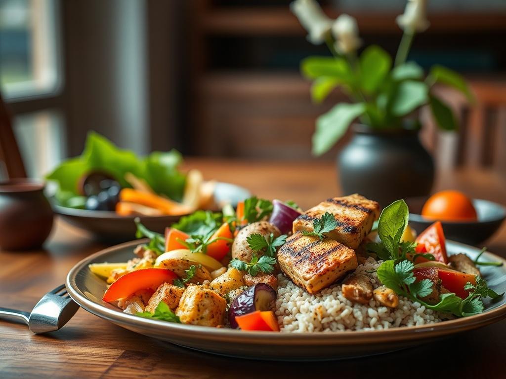 A beautifully plated exotic meal featuring vibrant colors and fresh ingredients. The dish should include a mix of protein sources like grilled chicken or tofu, accompanied by a variety of colorful vegetables and whole grains. The background should be a simple, elegant wooden table setting with soft natural lighting that enhances the freshness of the food. The focus should be tight on the meal, showcasing the textures and colors in a hyper-realistic style.