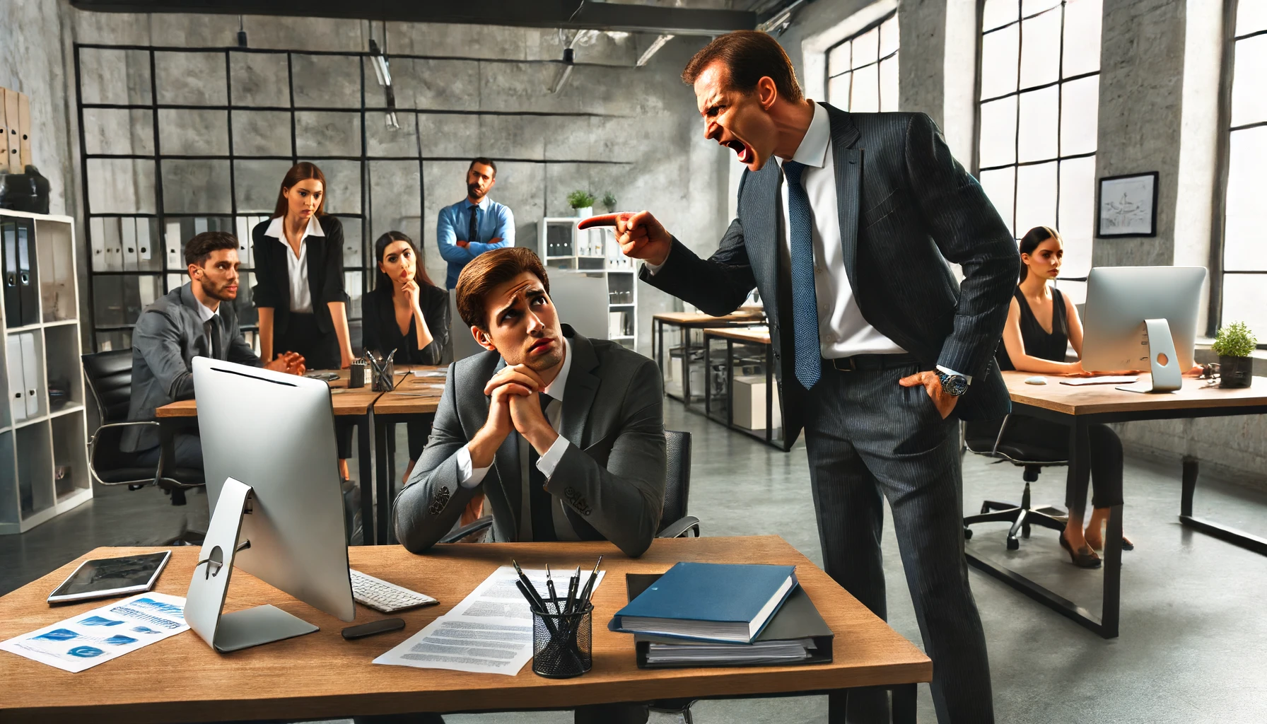 dall·e 2024-06-13 17.18.20 - a modern office setting with desks, computers, and office supplies. in the foreground, an angry boss is standing, shouting at an employee who looks st.webp