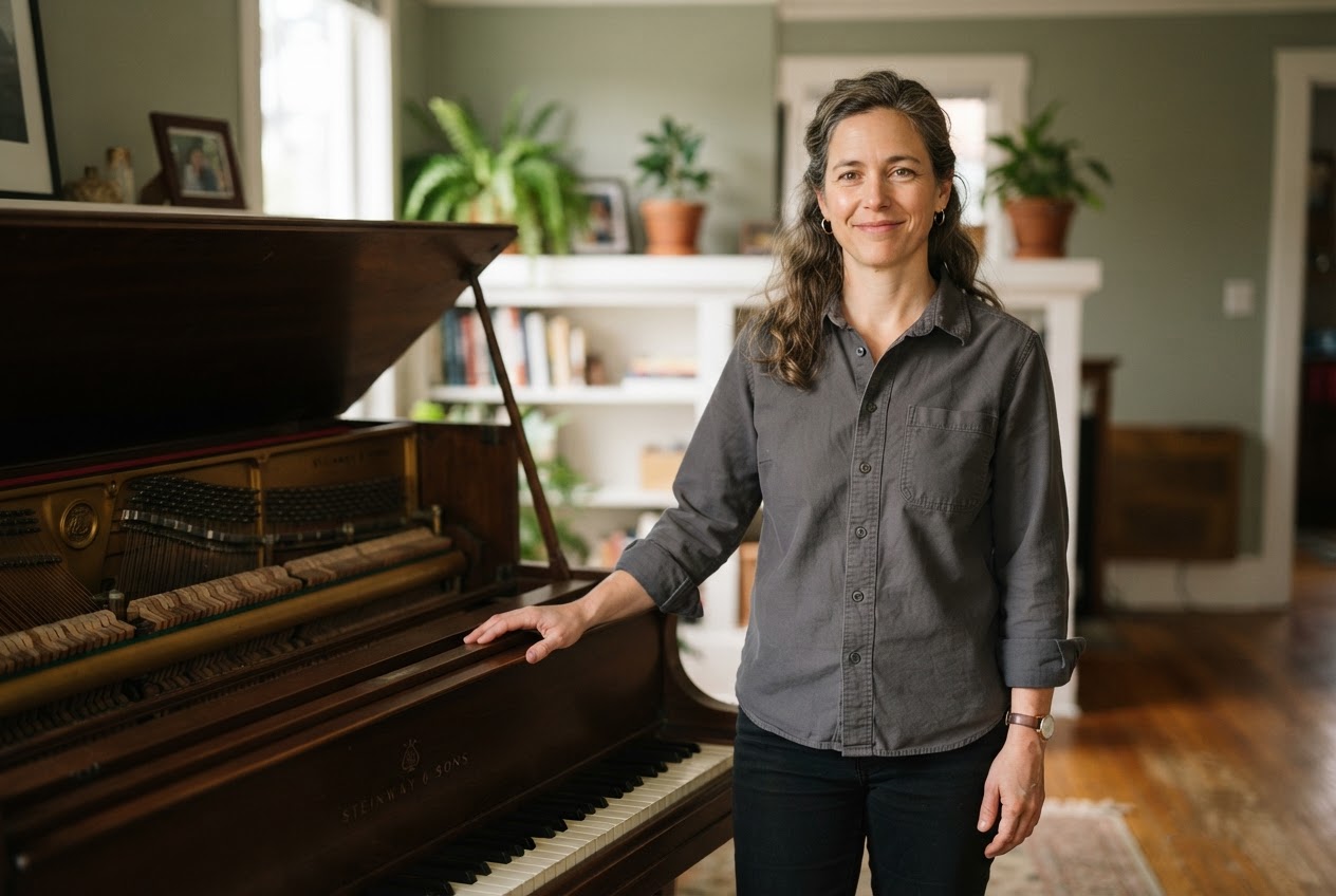 Ada standing by an upright piano in a sunlit Portland home