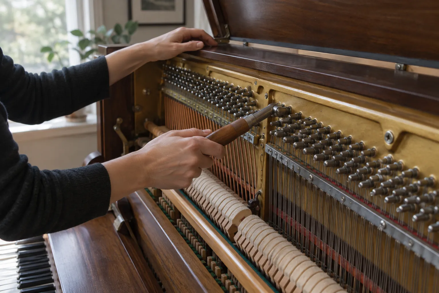 Ada's hands fitting a tuning hammer onto a tuning pin of an open upright piano.