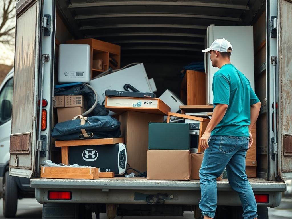 A hyper-realistic close-up shot of a team member loading junk into a truck. The focus should be on the items being removed, showcasing a mix of furniture and appliances, with a clear and organized background. The image should convey a sense of efficiency and professionalism, highlighting the team’s commitment to decluttering spaces.