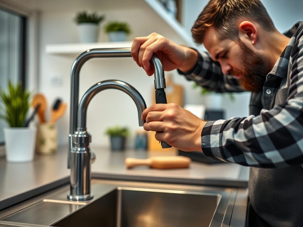 A hyper-realistic close-up shot of a handyman fixing a leaky faucet in a modern kitchen. The focus is on the handyman's hands, tools, and the faucet, with a clean and organized background that emphasizes a well-maintained home environment. The image should convey a sense of professionalism and attention to detail, showcasing the handyman's skills in action.