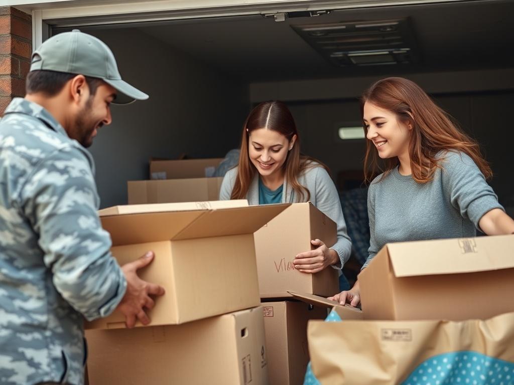 A hyper-realistic close-up shot of a military family packing their belongings with a moving team. The focus should be on the family members and the team working together, with boxes and moving supplies visible. The image should convey a sense of teamwork and support, highlighting the commitment to assisting military families during their moves.
