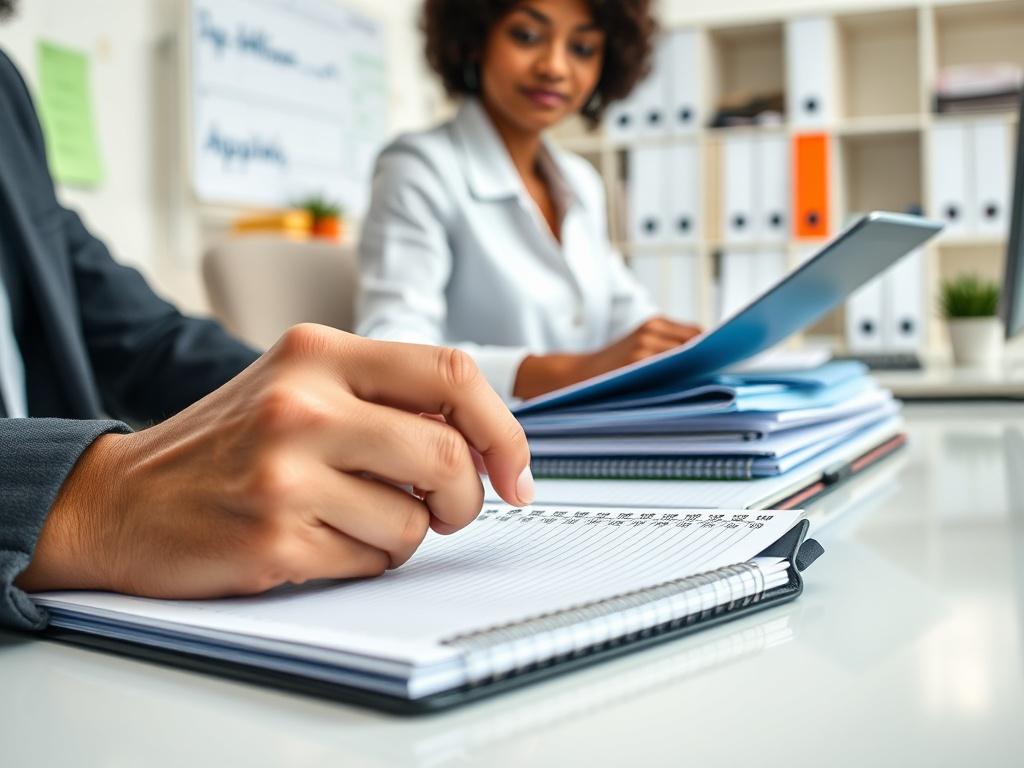 A close-up shot of an administrative professional organizing files and managing schedules at a desk, with a focus on a planner and digital devices. The background features a bright, organized office space, highlighting efficiency and clarity.
