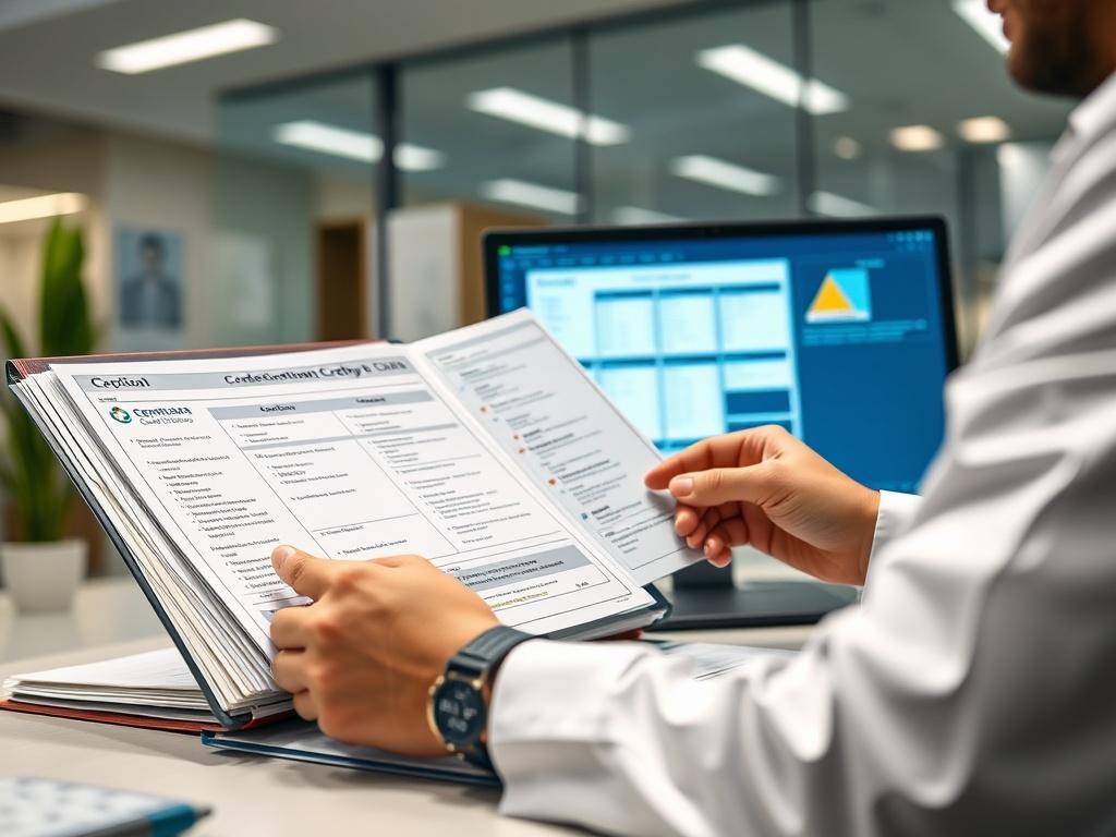 A close-up shot of a professional reviewing medical credentials and certifications in an organized folder, with a focus on a computer screen showing credentialing software. The background reflects a healthcare office environment, exuding professionalism and diligence.